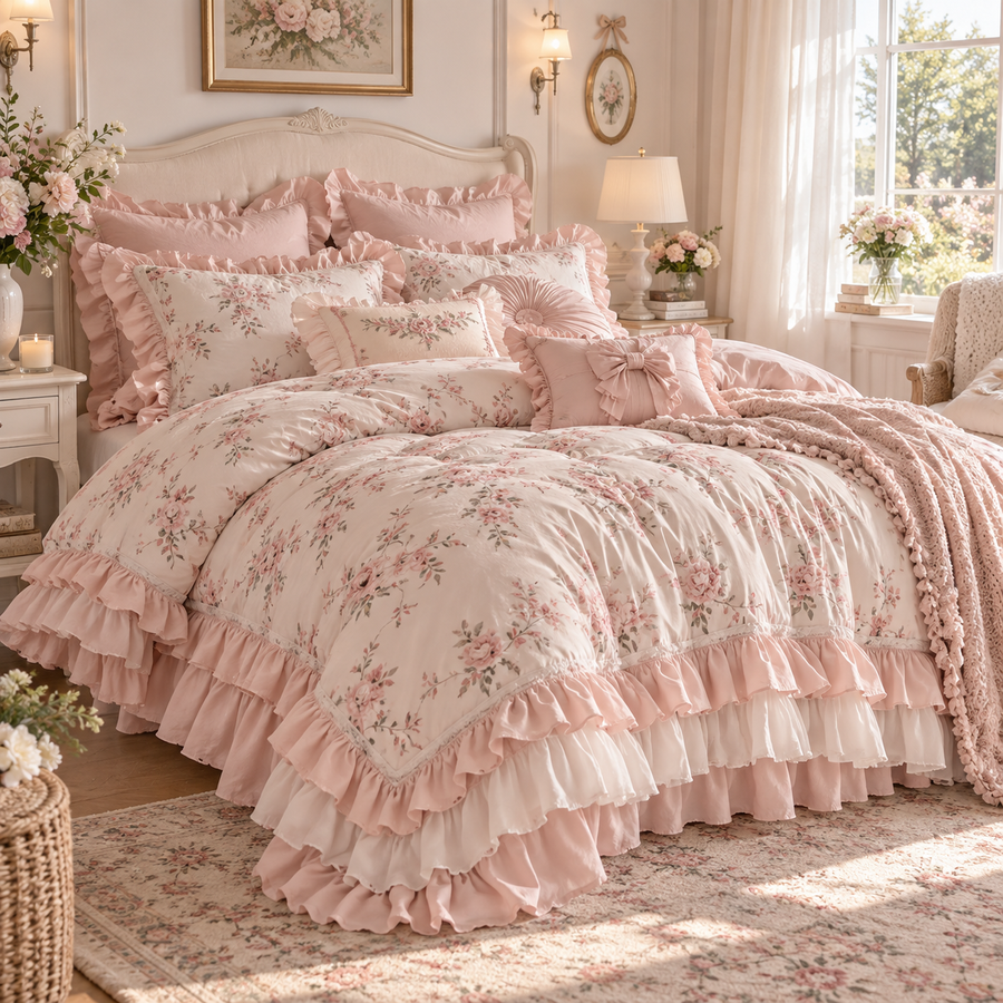 🌹 Prebeauti™ Blush Garden Ruffle Comforter Set – Romantic Cottage Collection