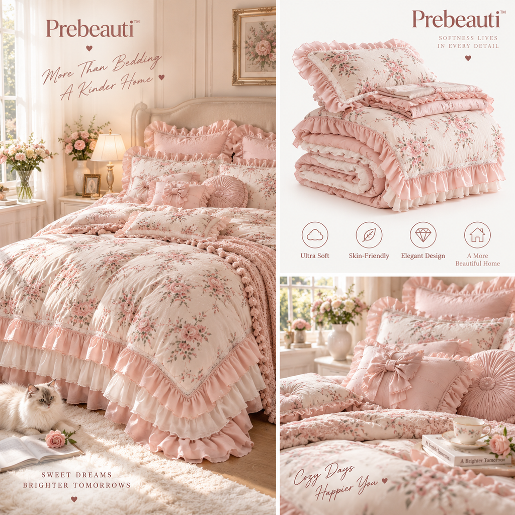 🌹 Prebeauti™ Blush Garden Ruffle Comforter Set – Romantic Cottage Collection