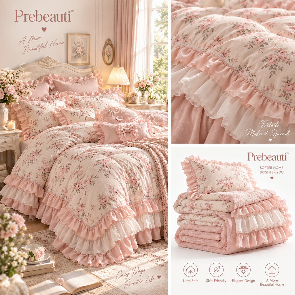 🌹 Prebeauti™ Blush Garden Ruffle Comforter Set – Romantic Cottage Collection