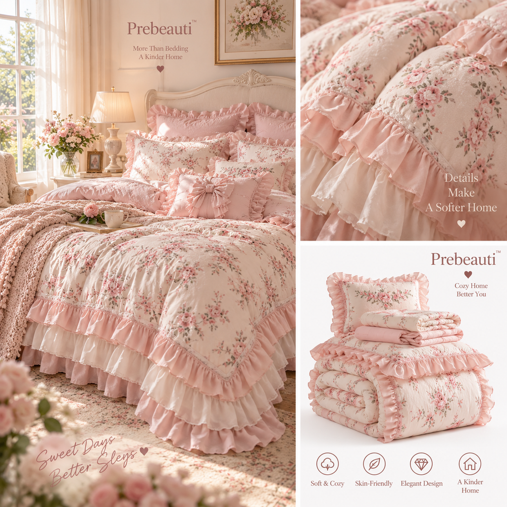 🌹 Prebeauti™ Blush Garden Ruffle Comforter Set – Romantic Cottage Collection