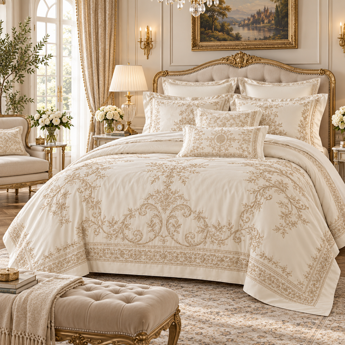 🏛️ Prebeauti™ Versailles Ivory Embroidered Bedding Set – European Heritage Collection