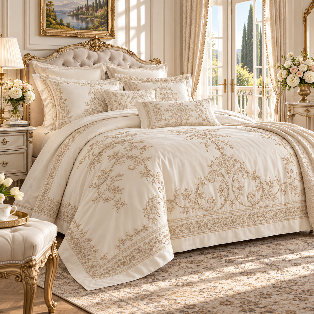 🏛️ Prebeauti™ Versailles Ivory Embroidered Bedding Set – European Heritage Collection