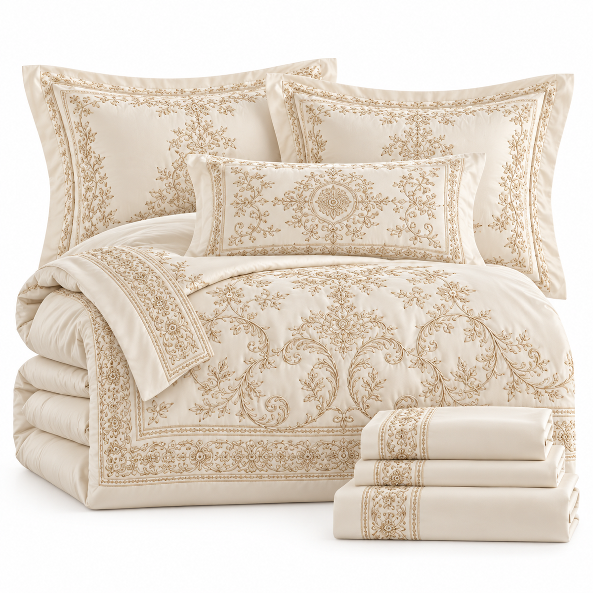 🏛️ Prebeauti™ Versailles Ivory Embroidered Bedding Set – European Heritage Collection