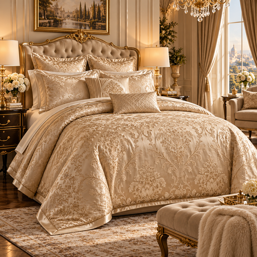 🥂 Prebeauti™ Imperial Champagne Jacquard Bedding Set – Grand Luxe Collection
