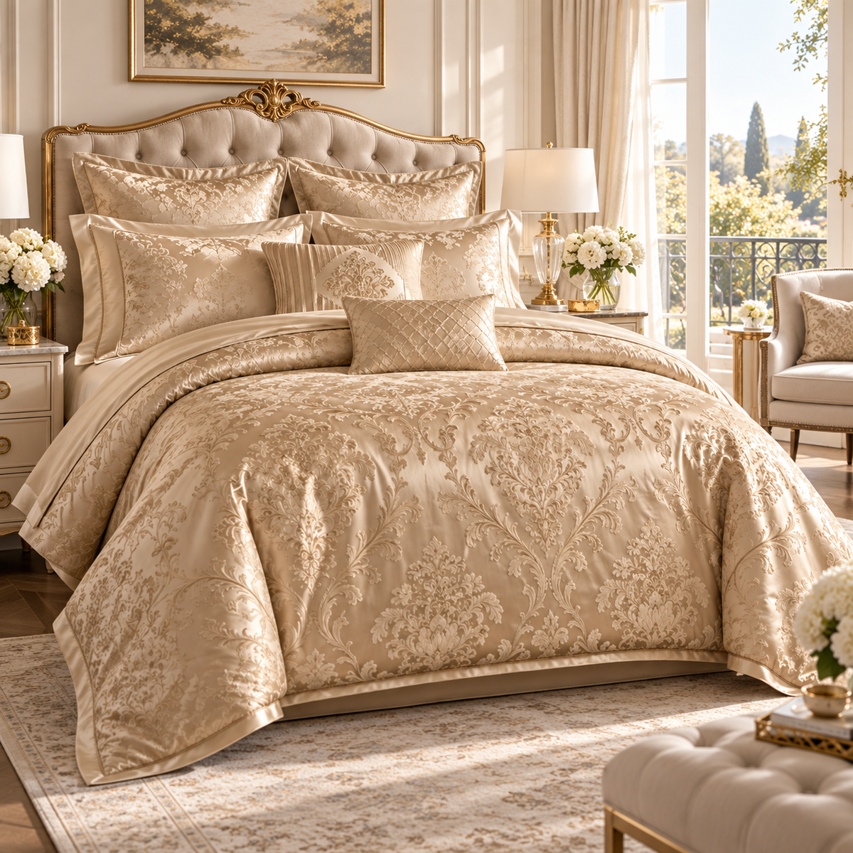 🥂 Prebeauti™ Imperial Champagne Jacquard Bedding Set – Grand Luxe Collection