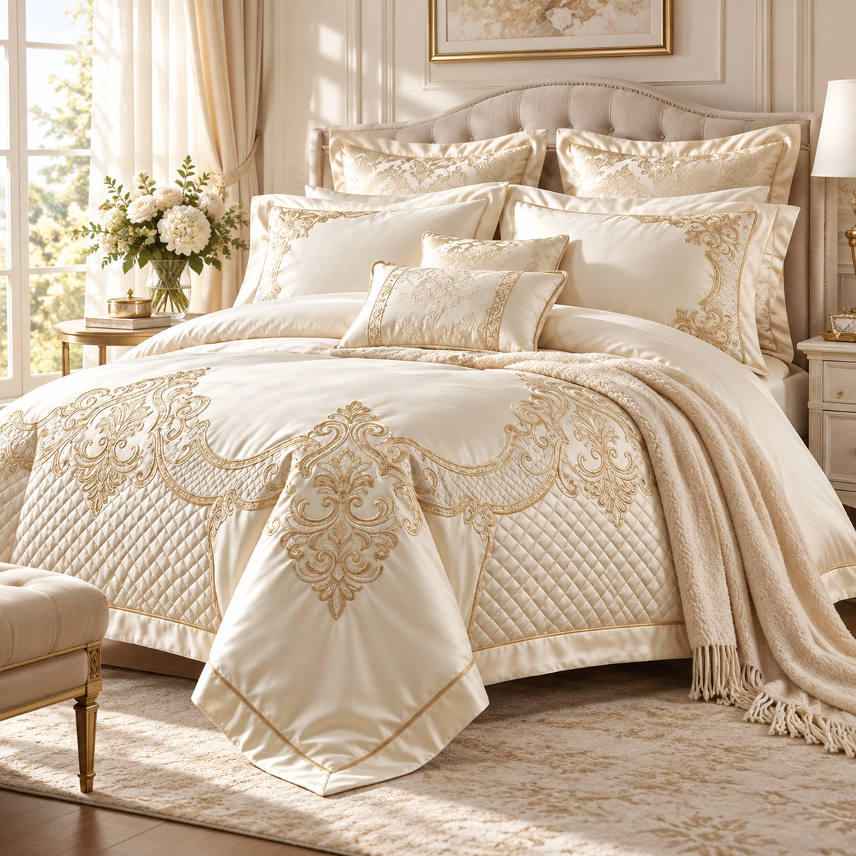 👑 Prebeauti™ Royal Heritage Embroidered Bedding Set – Signature Palace Edition