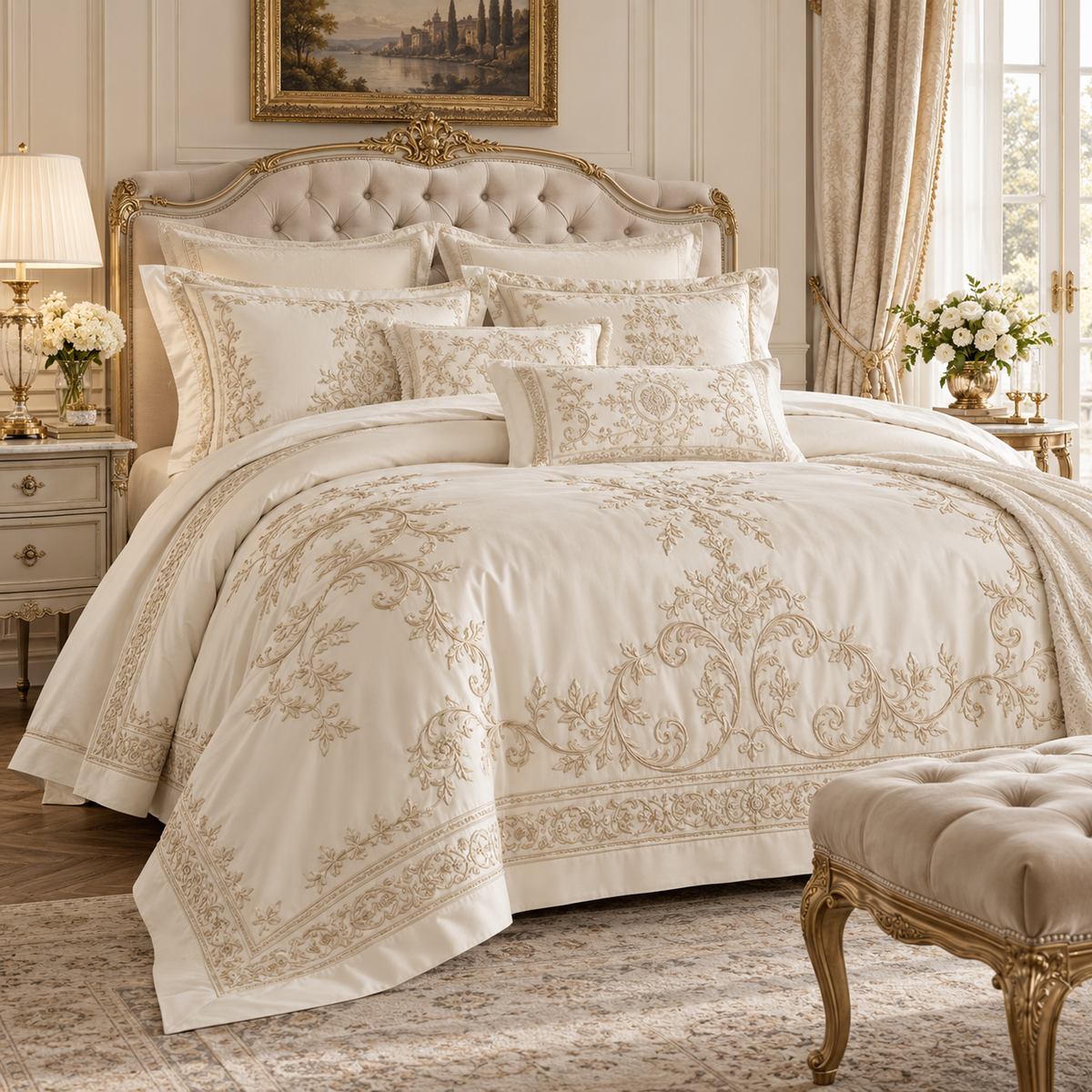 🏛️ Prebeauti™ Versailles Ivory Embroidered Bedding Set – European Heritage Collection