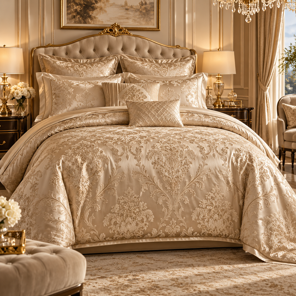 🥂 Prebeauti™ Imperial Champagne Jacquard Bedding Set – Grand Luxe Collection