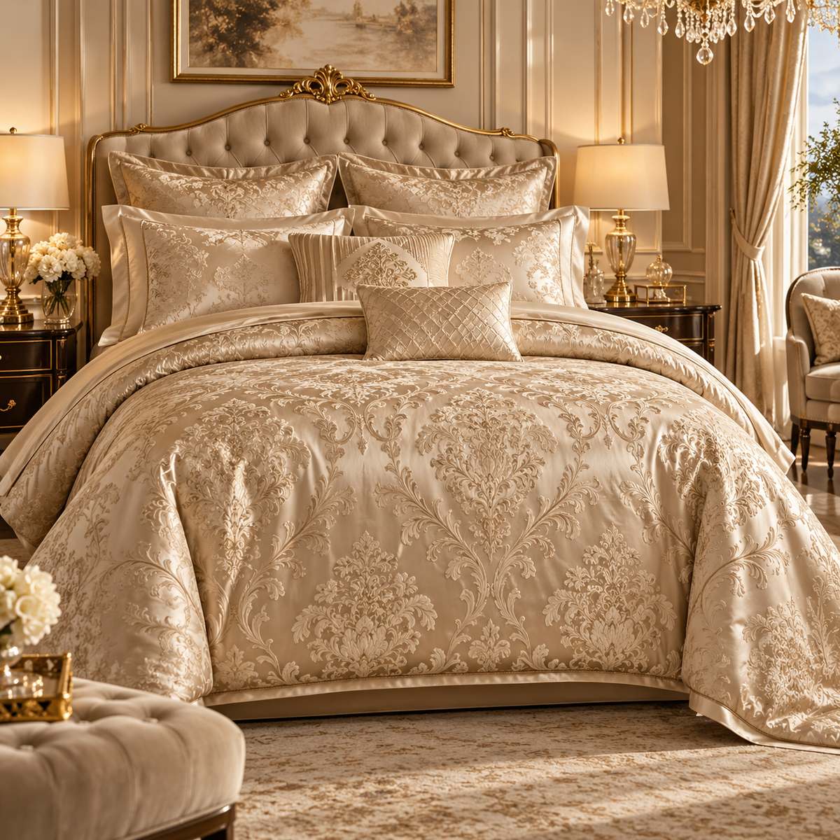 🥂 Prebeauti™ Imperial Champagne Jacquard Bedding Set – Grand Luxe Collection