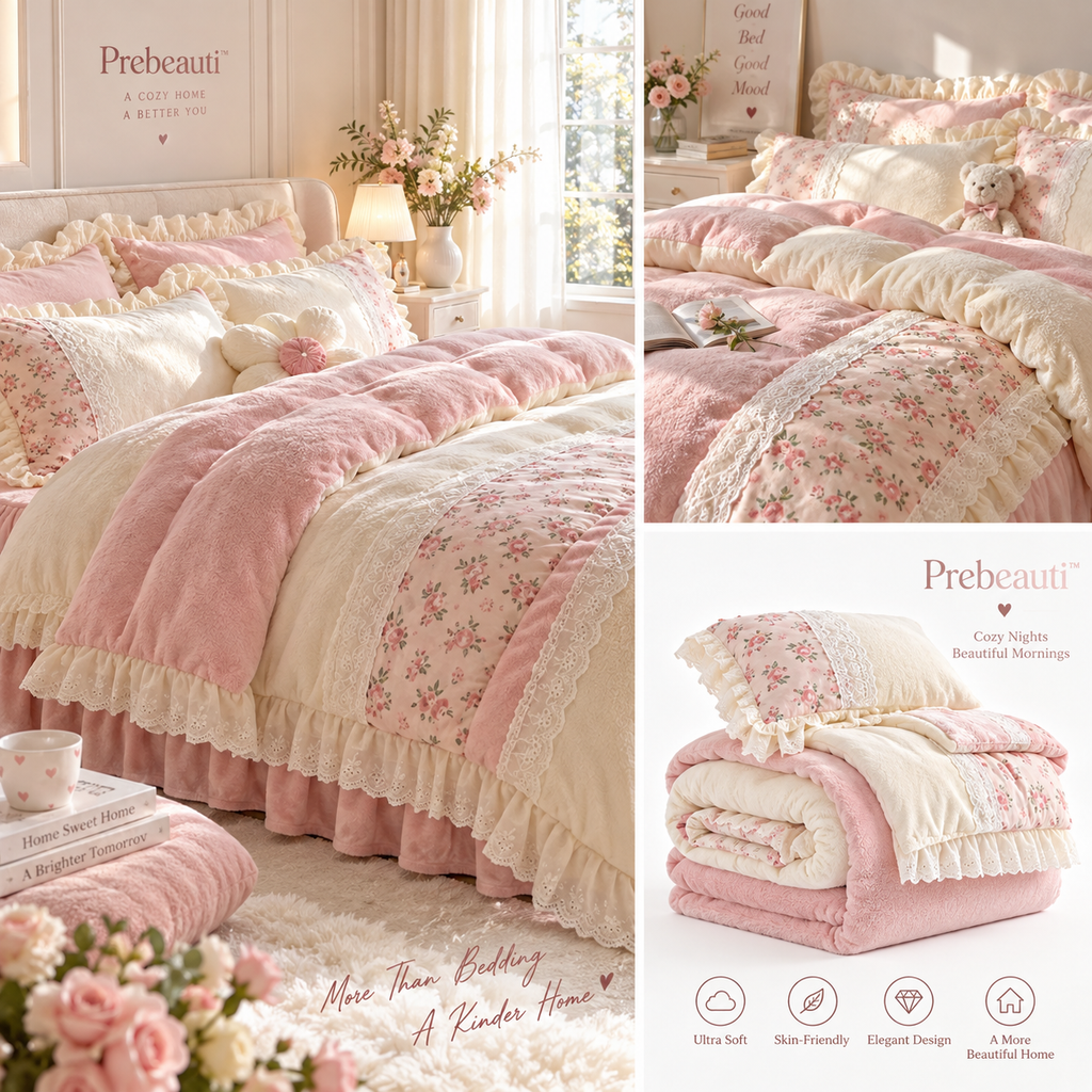 🌸 Prebeauti™ CozyBlossom Pink Floral Plush Comforter Set