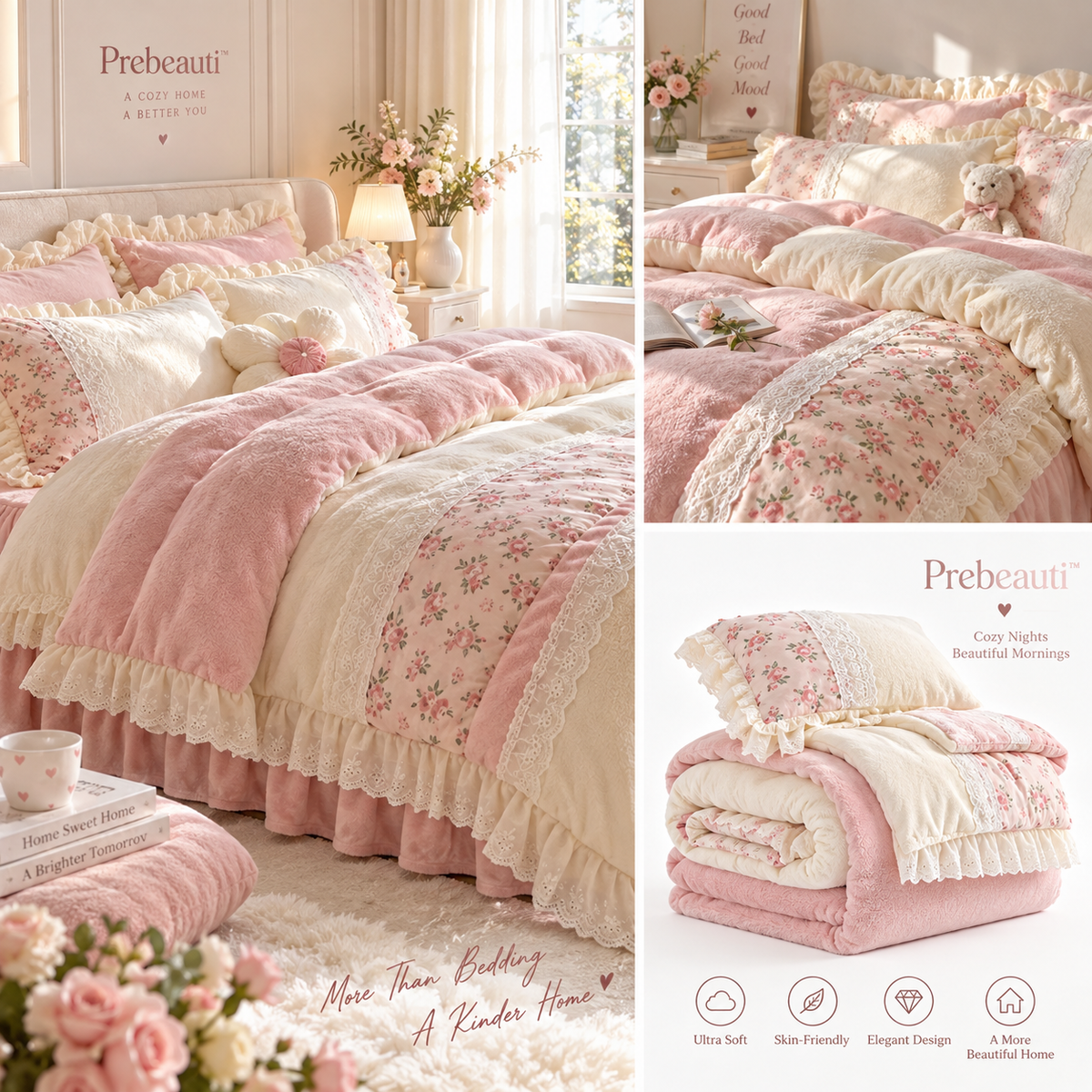 🌸 Prebeauti™ CozyBlossom Pink Floral Plush Comforter Set