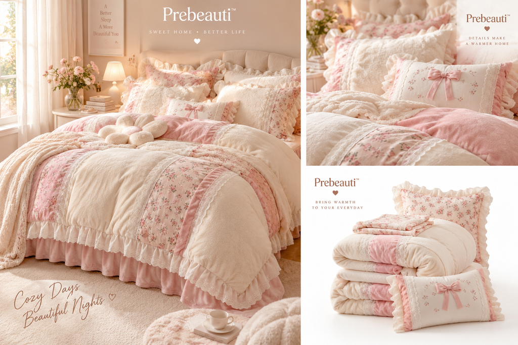 🌸 Prebeauti™ CozyBlossom Pink Floral Plush Comforter Set