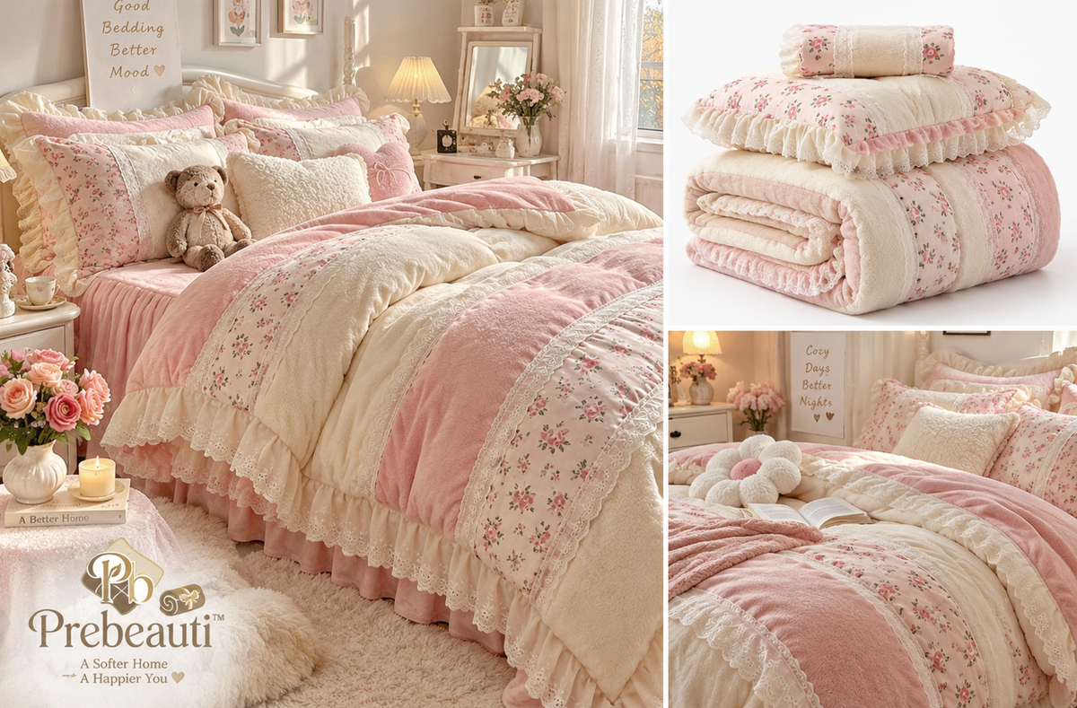 🌸 Prebeauti™ CozyBlossom Pink Floral Plush Comforter Set