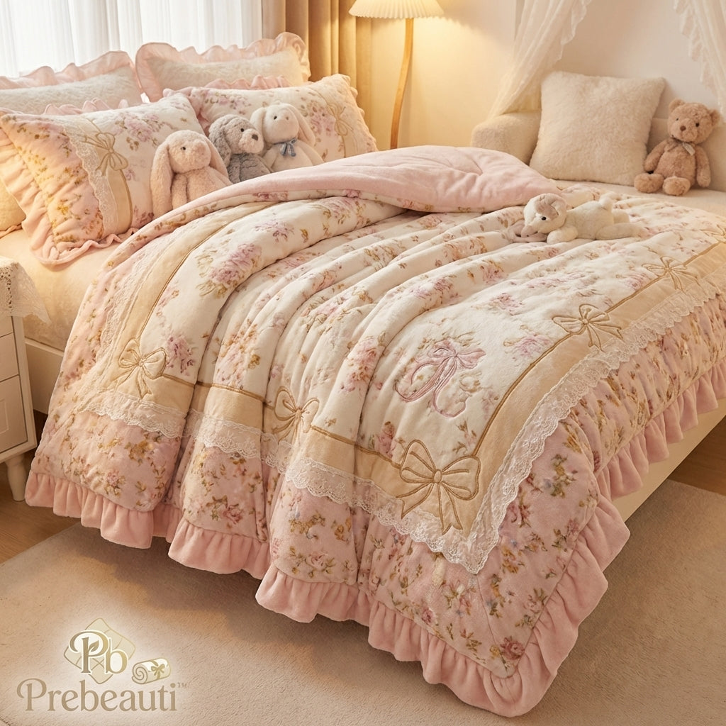 Layered romantic floral bedding in a softly decorated bedroom