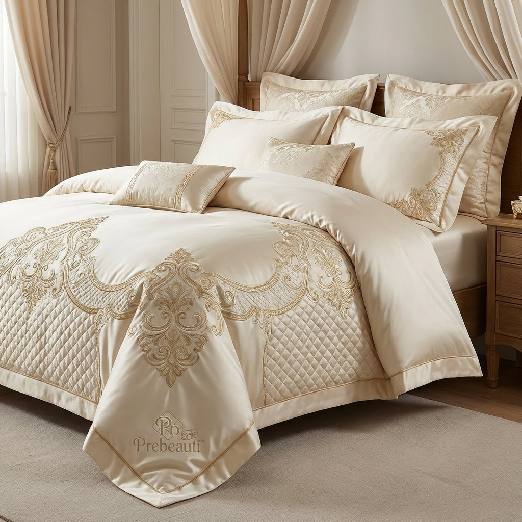 👑 Prebeauti™ Royal Heritage Embroidered Bedding Set – Signature Palace Edition