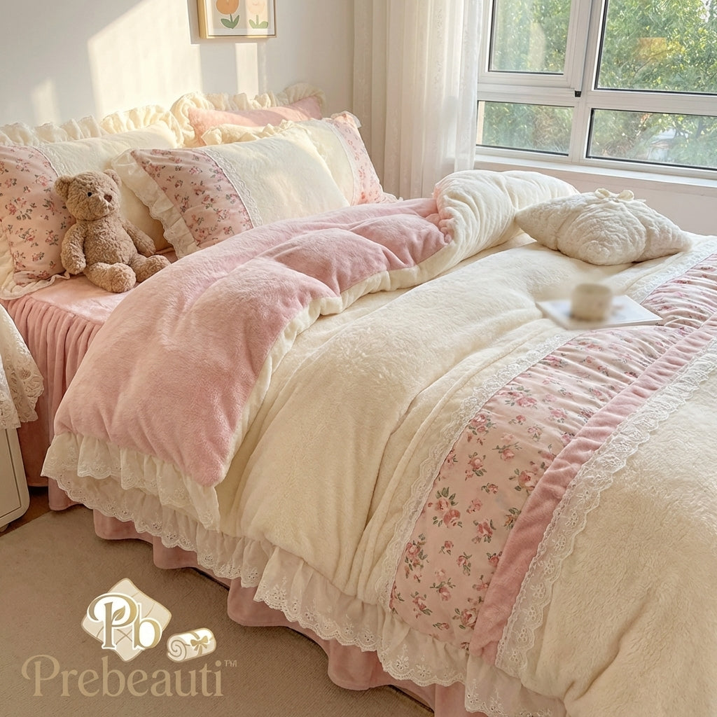 🌸 Prebeauti™ CozyBlossom Pink Floral Plush Comforter Set