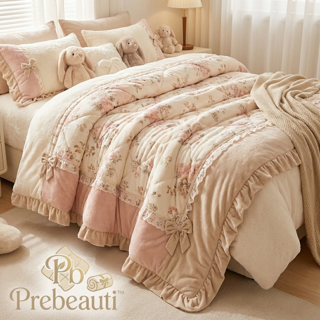 Blush floral bedding in a romantic bedroom